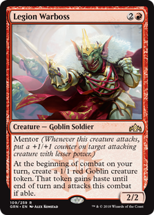 Legion Warboss
 Mentor (Whenever this creature attacks, put a +1/+1 counter on target attacking creature with lesser power.)
At the beginning of combat on your turn, create a 1/1 red Goblin creature token. That token gains haste until end of turn and attacks this combat if able.